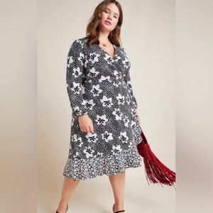 Anthropologie Amity Wrap Dress in Black and White Floral and Polka Dots